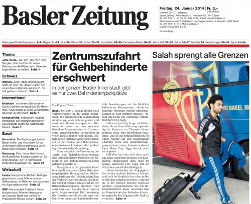 Basler Zeitung: Zentrumszufahrt für Gehbehinderte erschwert (24. Januar 2014)