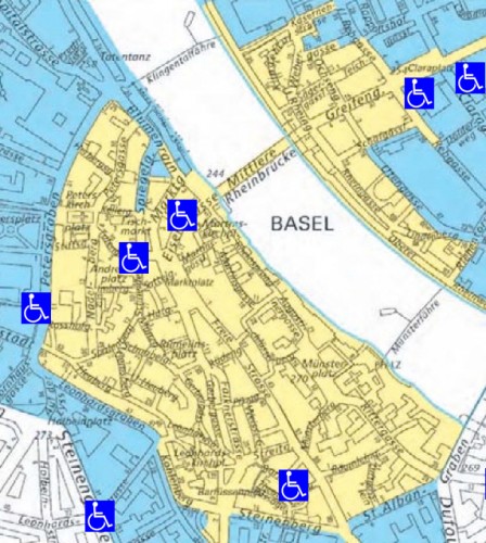 Behindertenparkplätze in der autofreien Kernzone (gelb) der Stadt Basel