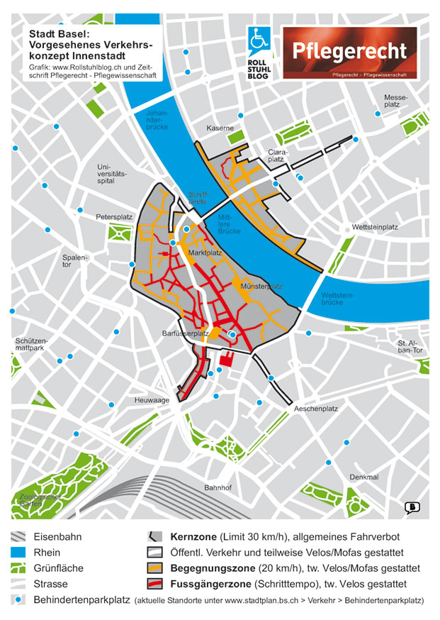 Stadtplan Basel: Kernzone mit eingezeichneten Behindertenparkplätzen. Autor: Thomas Schneider
